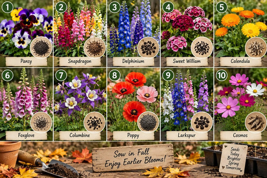 Ten flower seeds to sow in fall for spring blooms, including pansy, snapdragon, delphinium, poppy, and cosmos, with seed close-ups and a "Sow in Fall, Enjoy Earlier Blooms" sign.