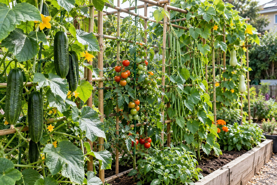 Bamboo trellis in a raised garden bed supporting climbing cucumbers, cherry tomatoes, green beans, and bottle gourds.