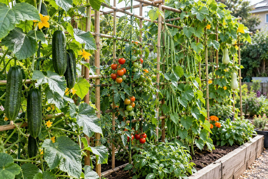 Bamboo trellis in a raised garden bed supporting climbing cucumbers, cherry tomatoes, green beans, and bottle gourds.