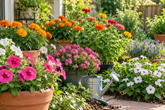 Container garden with orange marigolds, pink and white petunias, red and orange zinnias, purple lobelia, and white vinca in terracotta pots, alongside a metal watering can and trowel.