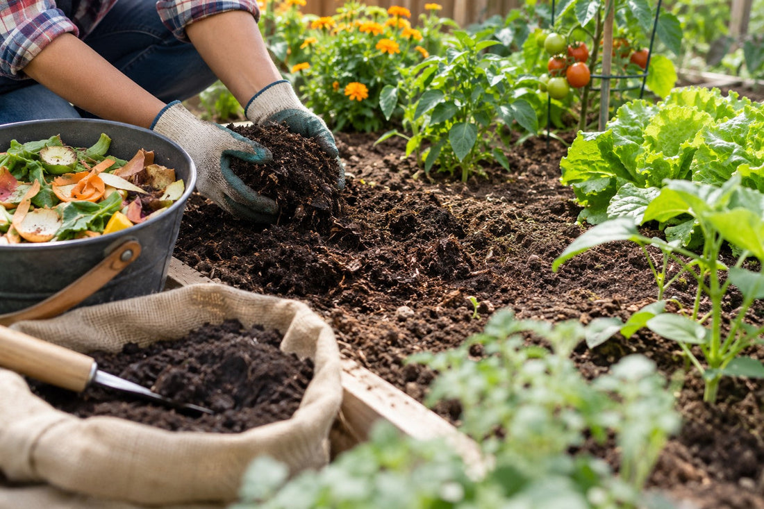 Hands adding homemade compost to garden soil, with a bucket of vegetable scraps and vegetable plants growing nearby.