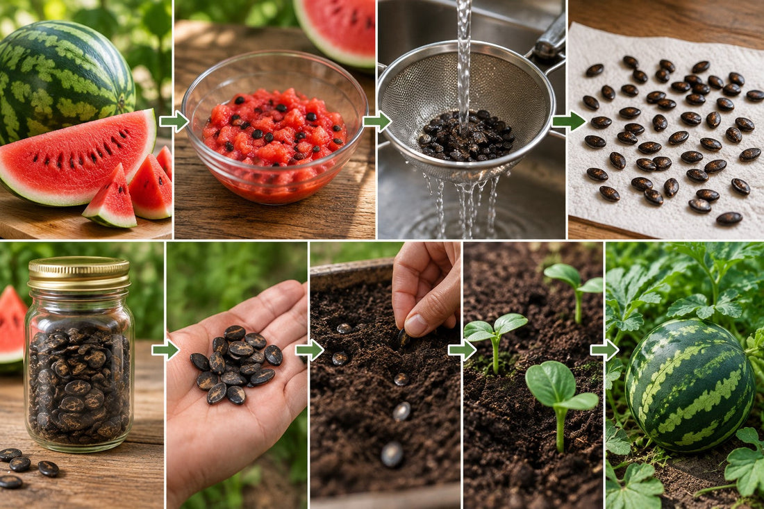 Nine-step process showing how to save watermelon seeds and grow a new watermelon plant, from cutting the fruit to a mature watermelon.