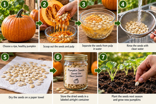 Seven-step guide to saving pumpkin seeds, from scooping seeds out of a fresh pumpkin to drying, storing, and planting them next season.