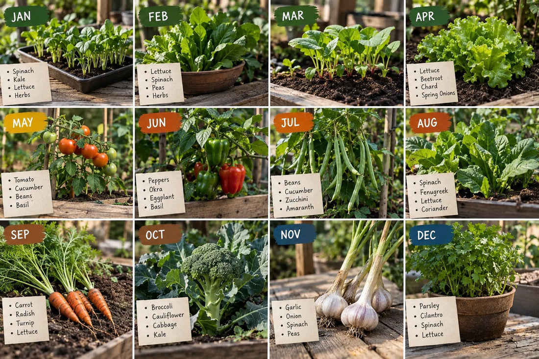 Twelve-month gardening calendar showing which seeds to plant each month, with photos of vegetables and sticky-note style plant lists for January through December.
