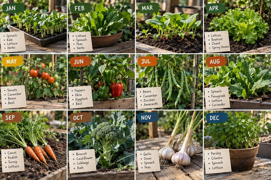 Twelve-month gardening calendar showing which seeds to plant each month, with photos of vegetables and sticky-note style plant lists for January through December.
