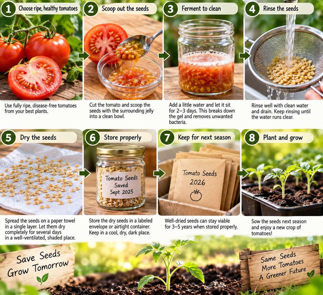 Step-by-step guide to saving tomato seeds: choosing ripe tomatoes, scooping seeds, fermenting, rinsing, drying, storing, labeling for next season, and planting seedlings.