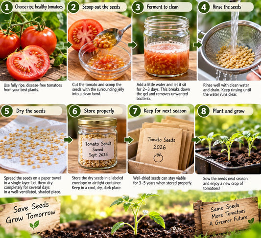 Step-by-step guide to saving tomato seeds: choosing ripe tomatoes, scooping seeds, fermenting, rinsing, drying, storing, labeling for next season, and planting seedlings.