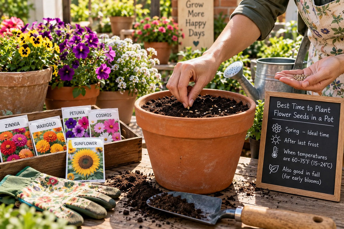 Gardener planting colorful flower seeds in a terracotta pot filled with fresh potting soil, surrounded by blooming container flowers on a sunny patio.