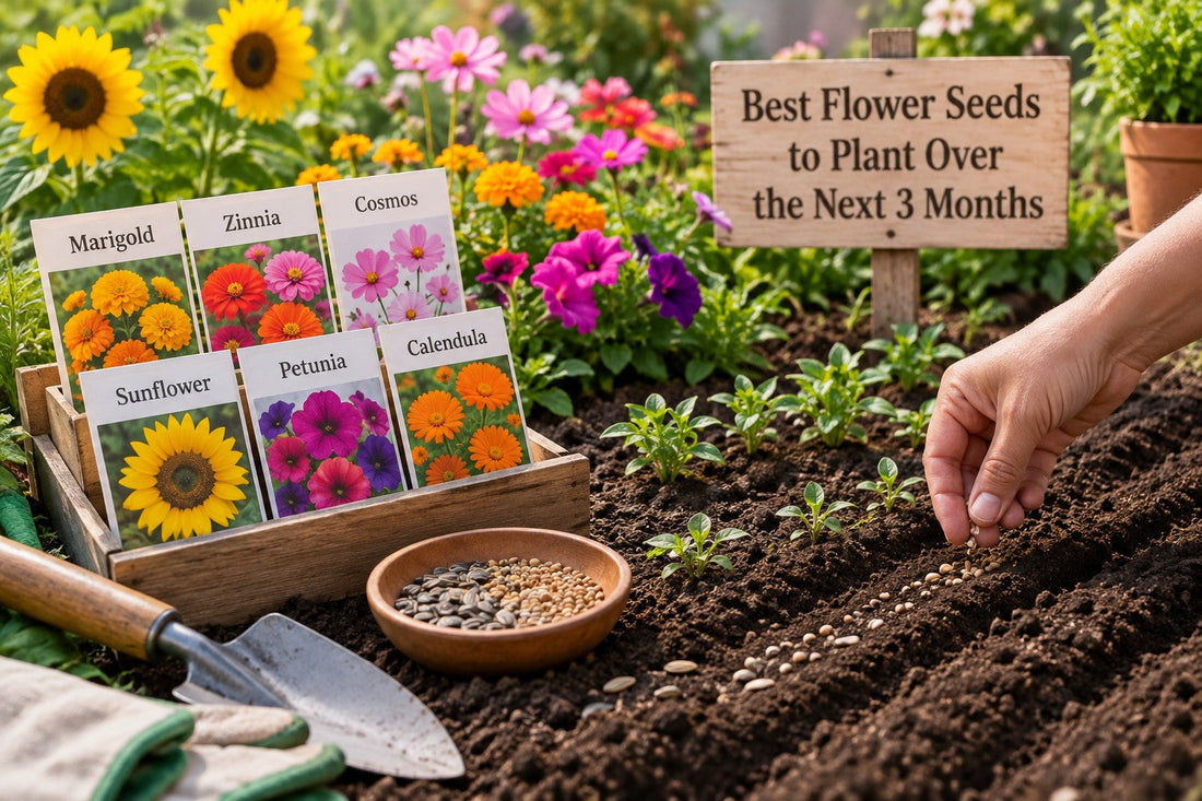 Colorful assortment of flower seeds being sown in a garden bed with young seedlings and vibrant seasonal flowers blooming in the background.