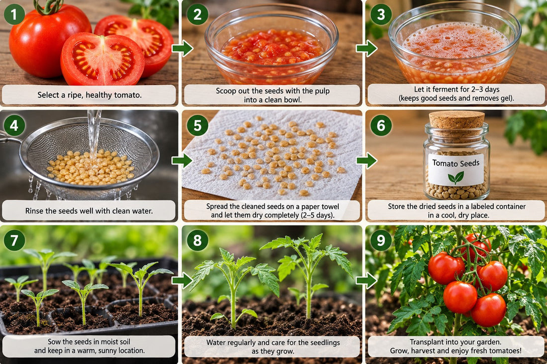 Nine-step guide to saving tomato seeds and growing tomato plants, from selecting a ripe tomato to harvesting a mature plant.