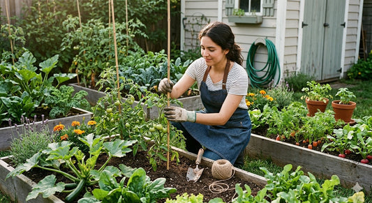 beginner backyard garden setup with small plants growing in soil and basic gardening tools