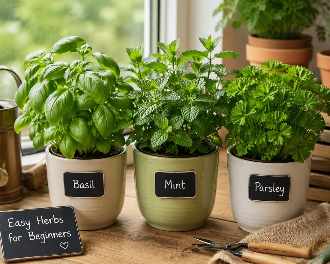 indoor herb garden with basil mint and parsley growing in small pots for beginners